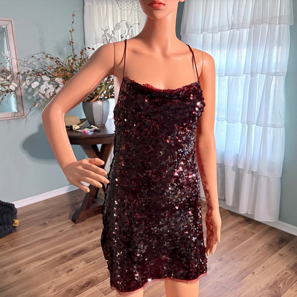 Burgundy Sequin Mini Dress - Sparkle Cocktail Party Dress |Size XXS - Picture 7 of 9
